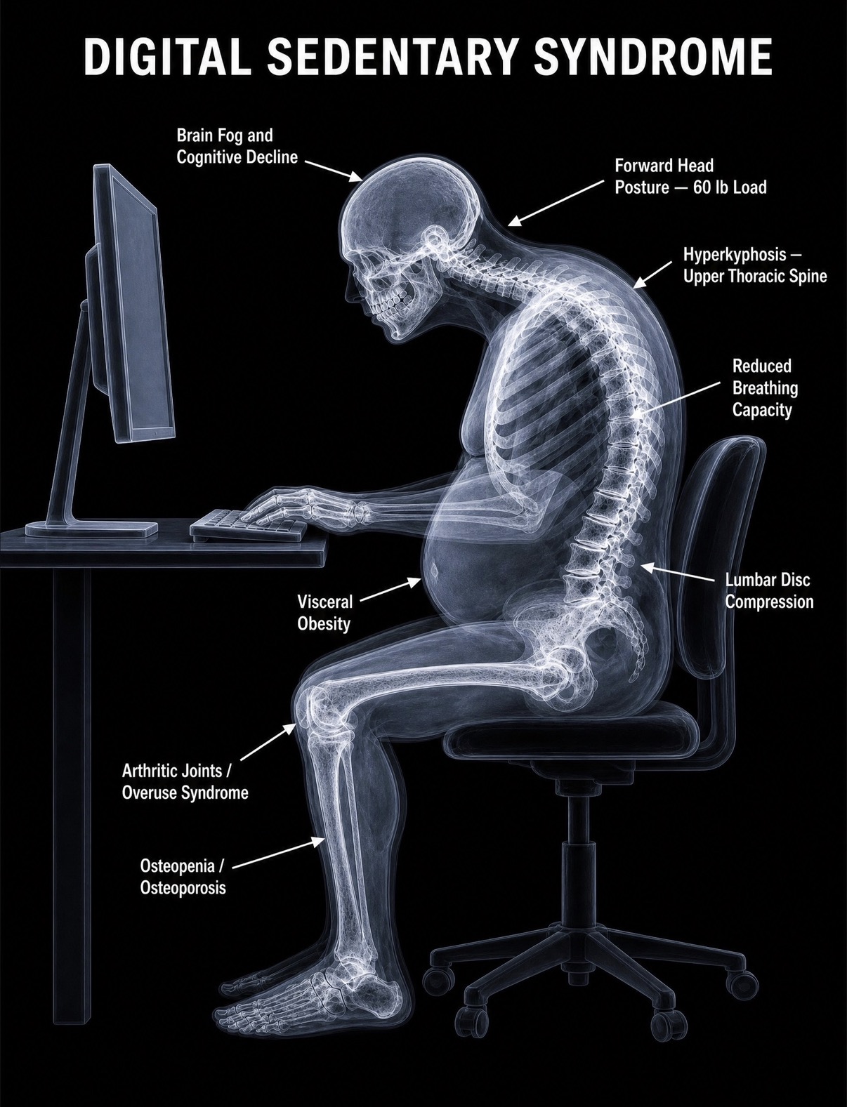 Illustration titled Digital Sedentary Syndrome: an X-ray-style rendering of a person slumped at a desk with labels for the problems the framework proposes are linked to prolonged sitting.