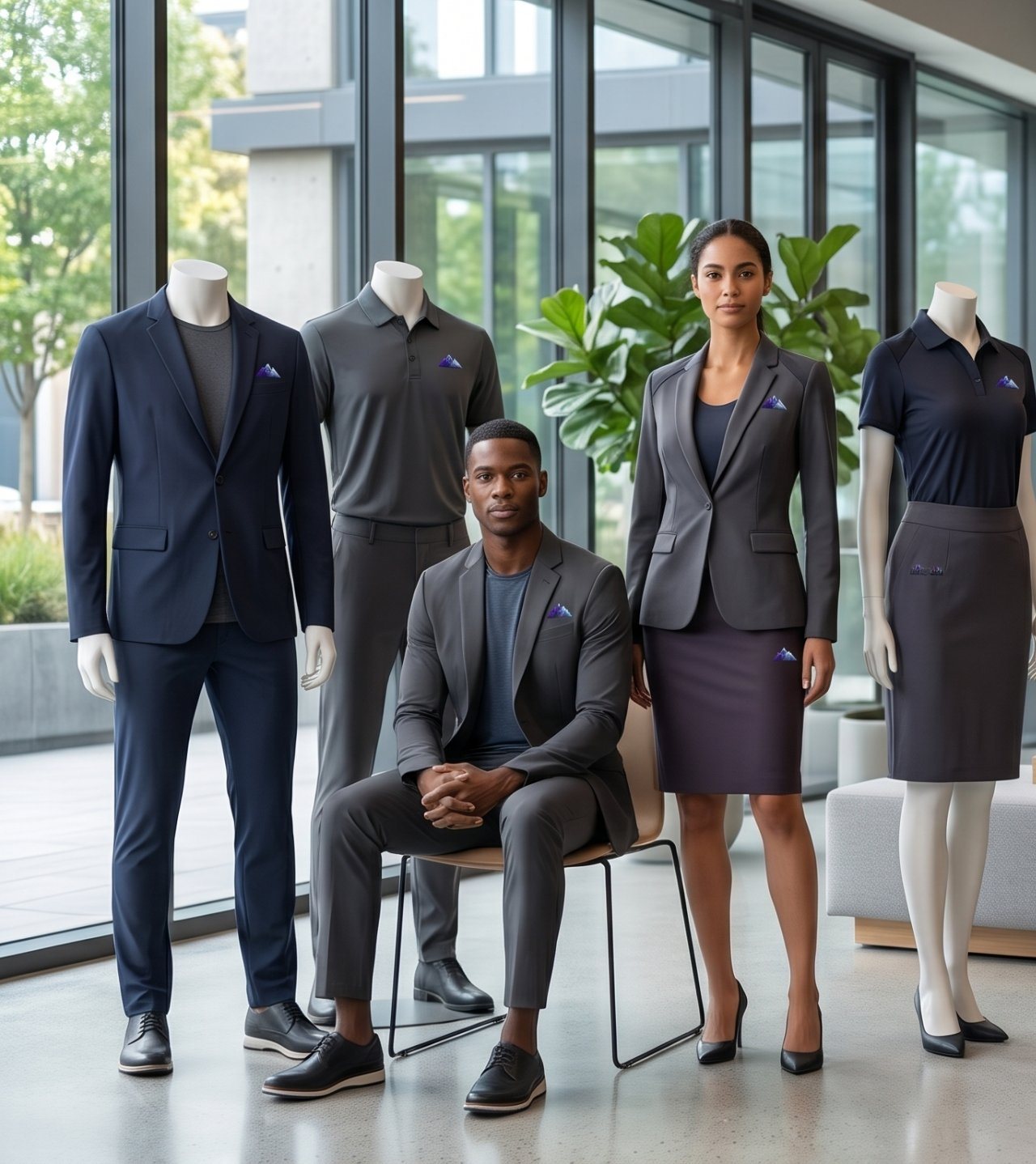 Concept rendering: mannequins and two people in navy and gray work-athletic jackets, polos and pants with a small purple mountain mark