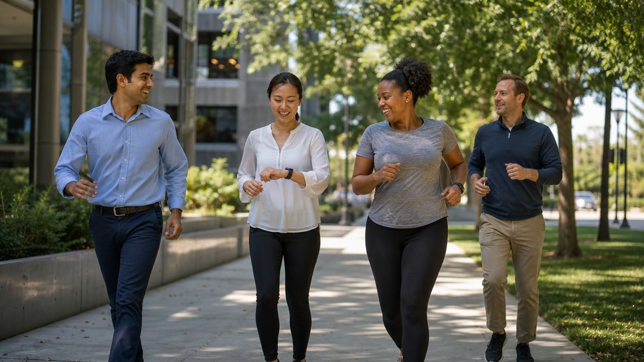Four colleagues walking together outside the office wearing fitness trackers